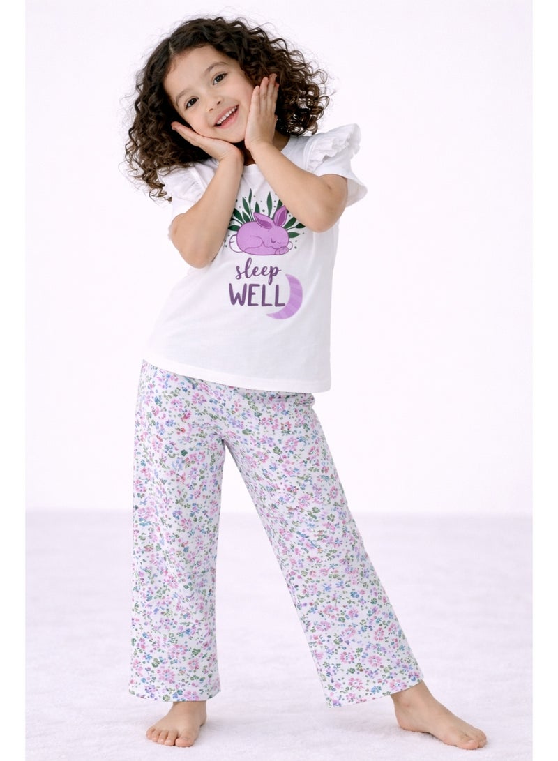 victor and jane Girls’ Pajama Set – “Sleep Well” Frill Sleeve Top & Floral Print Pants - Image 4